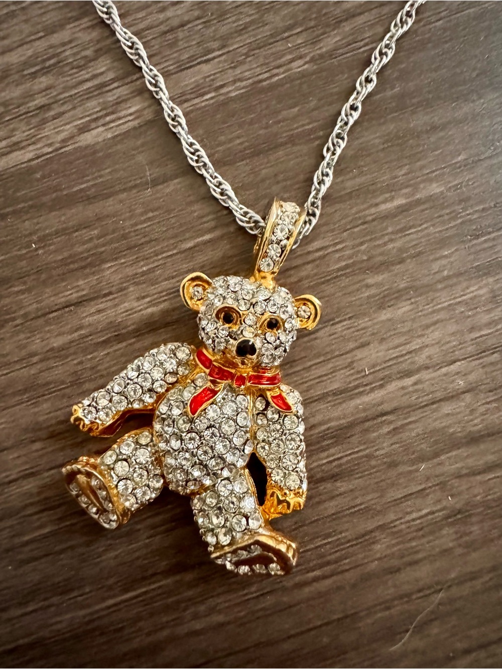 Gold-Tone Crystal Teddy Bear Pendant Necklace with Red Scarf Accent